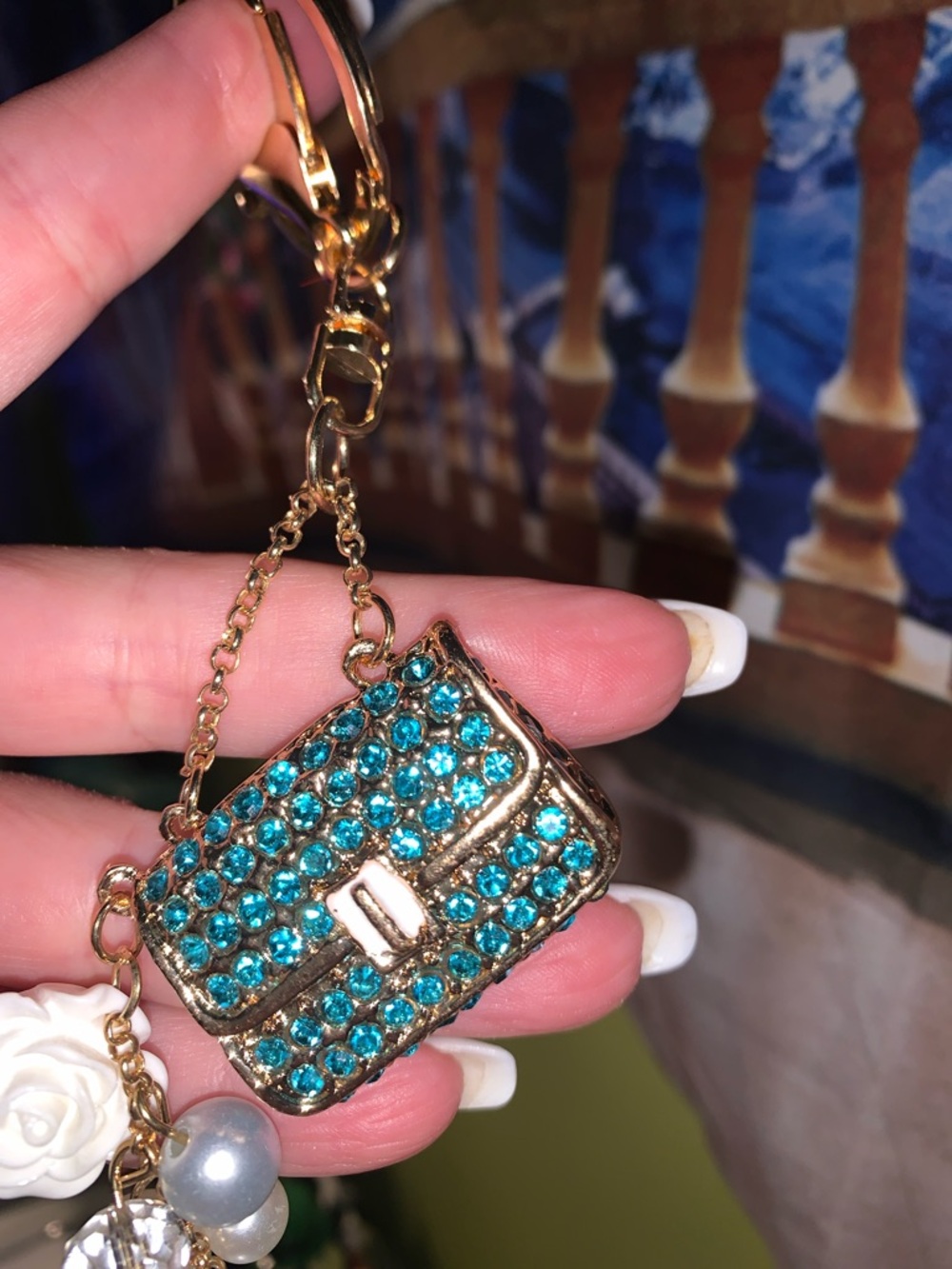 Teal Crystal Purse/bag charm Keychain with Pearl & Rose Charms - Picture 6 of 6
